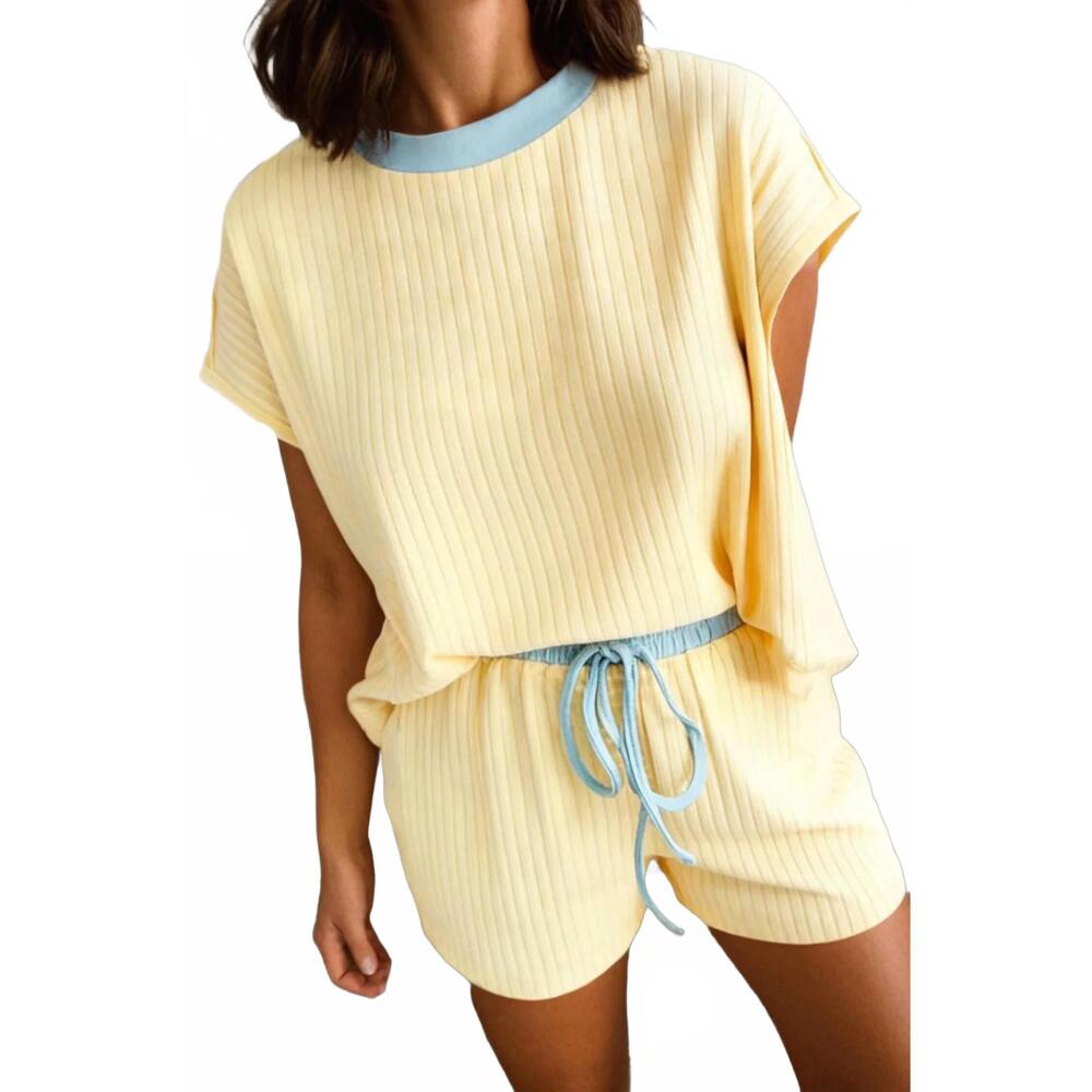 NEW AAPPARELLA casual ribbed colorblock two-piece set in yellow
